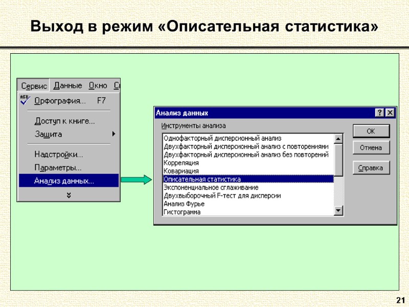21 Выход в режим «Описательная статистика»